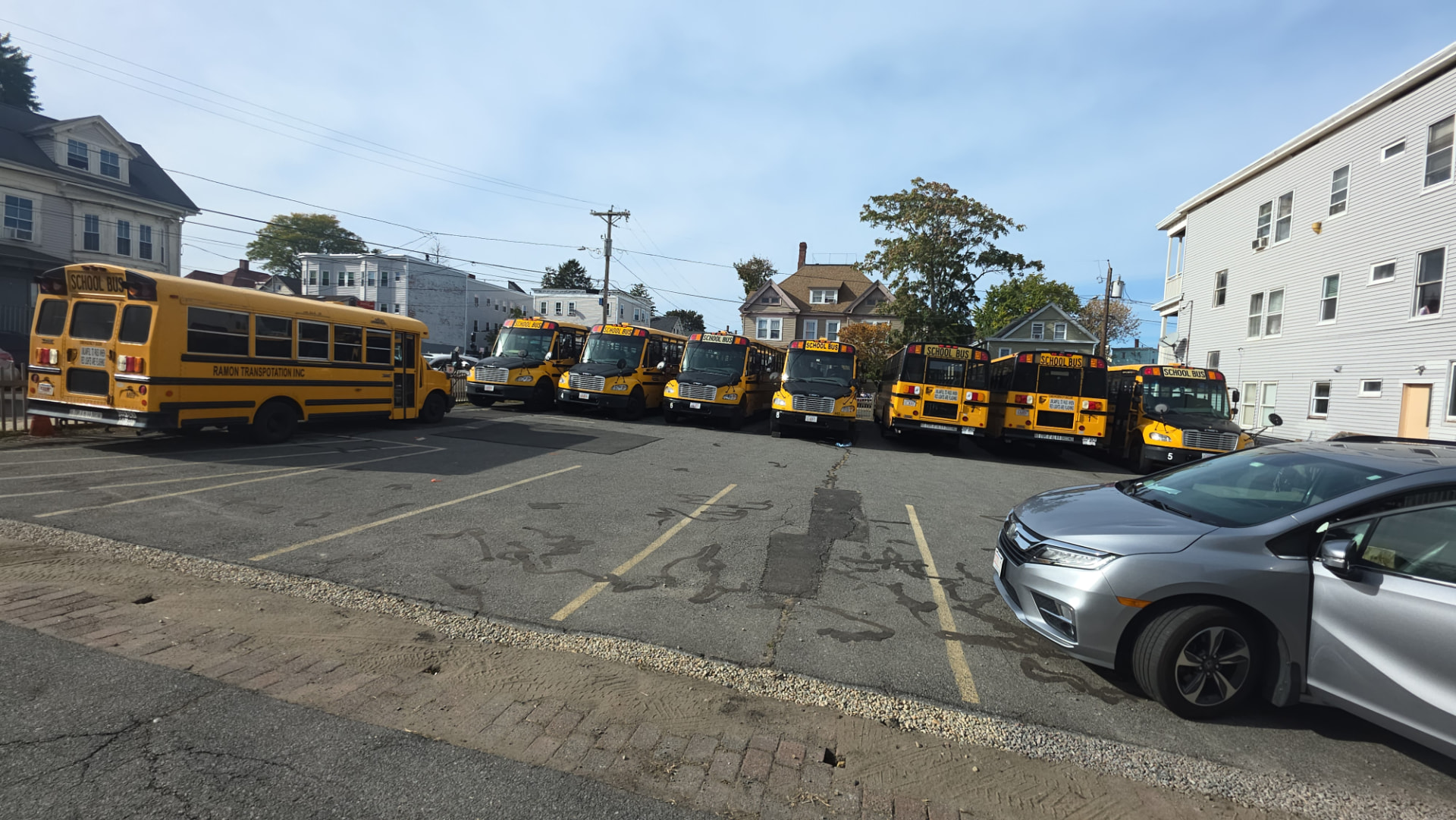 Ramon Transportation school buses parked at the Lawrence, MA yard